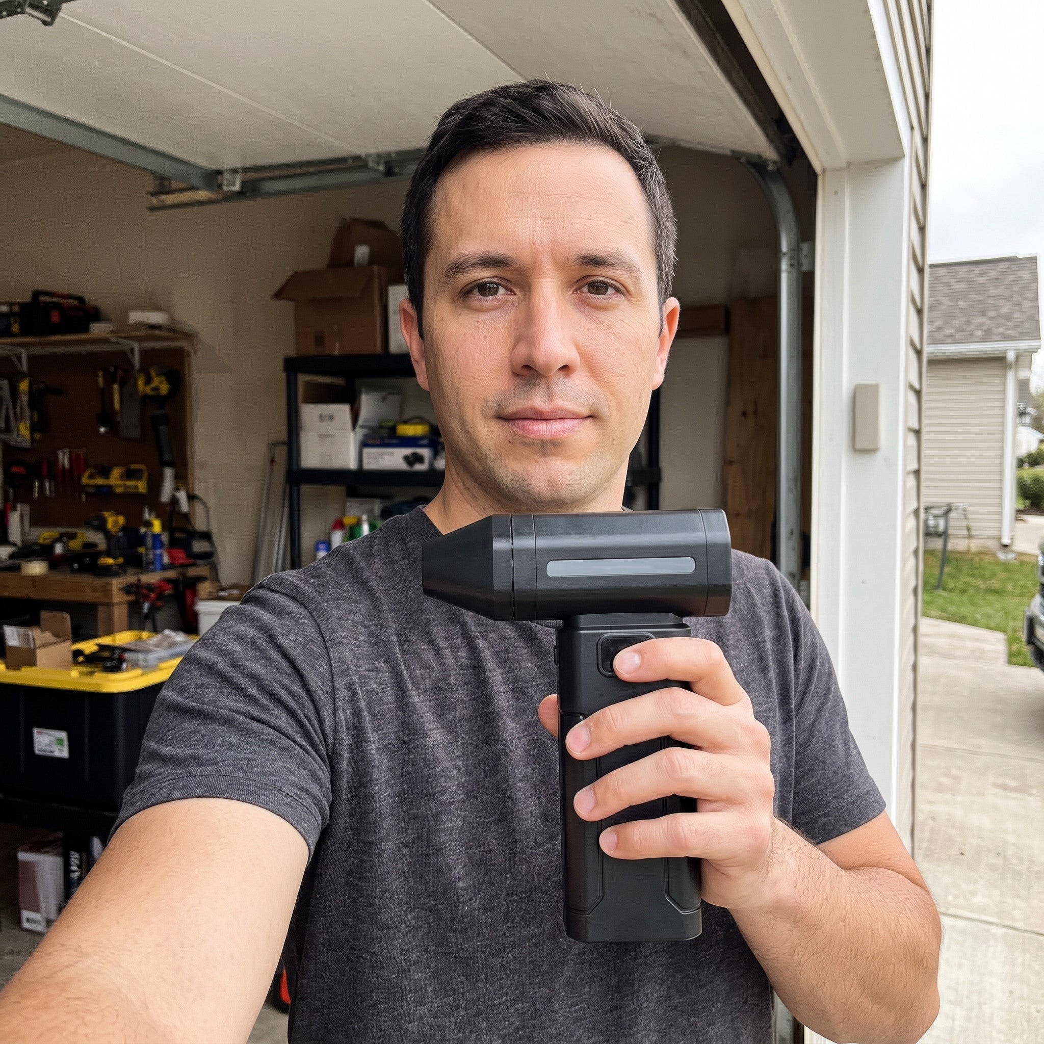 Black ClearJet handheld blower in an everyday dust-cleaning setting 2