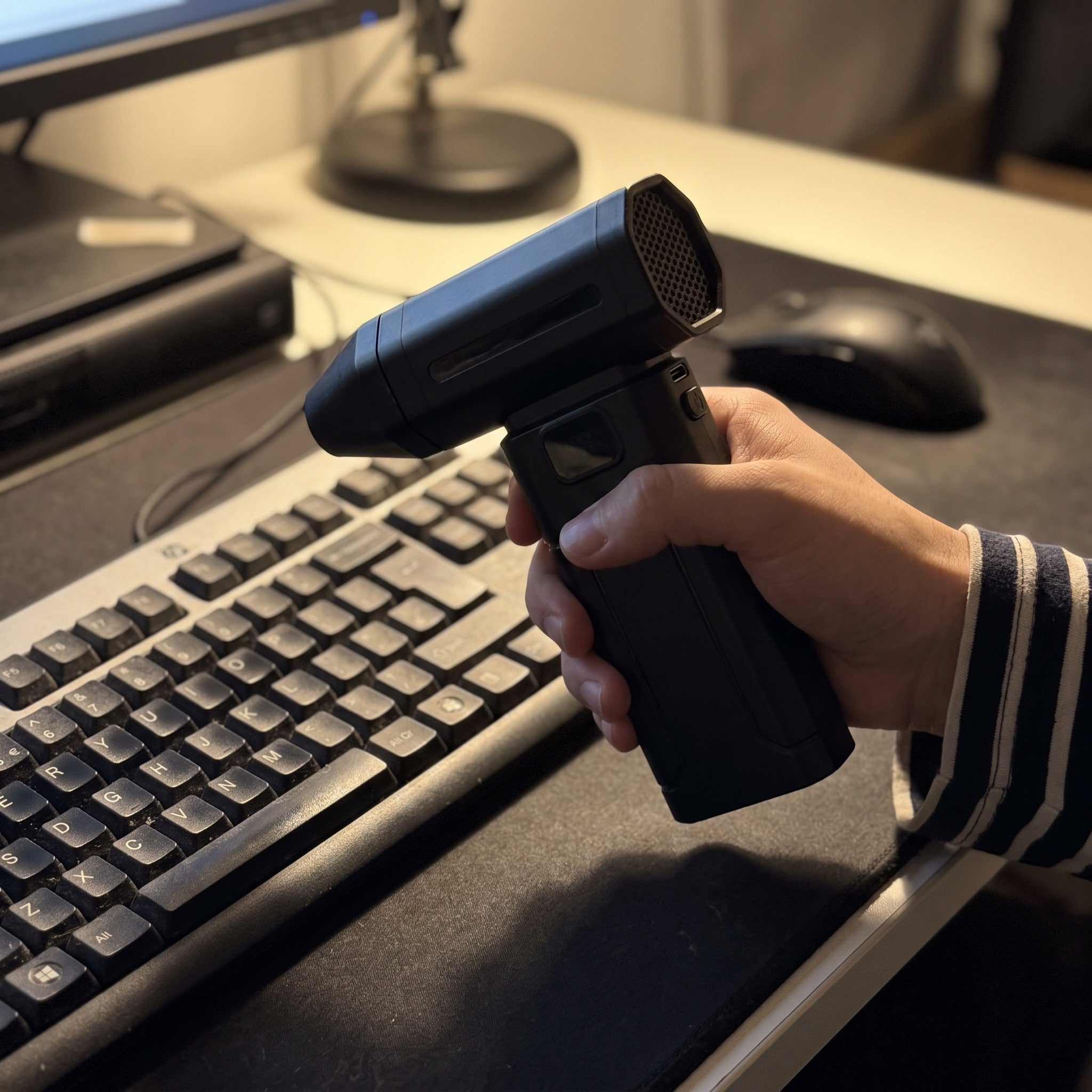 Black ClearJet handheld blower in an everyday dust-cleaning setting 3