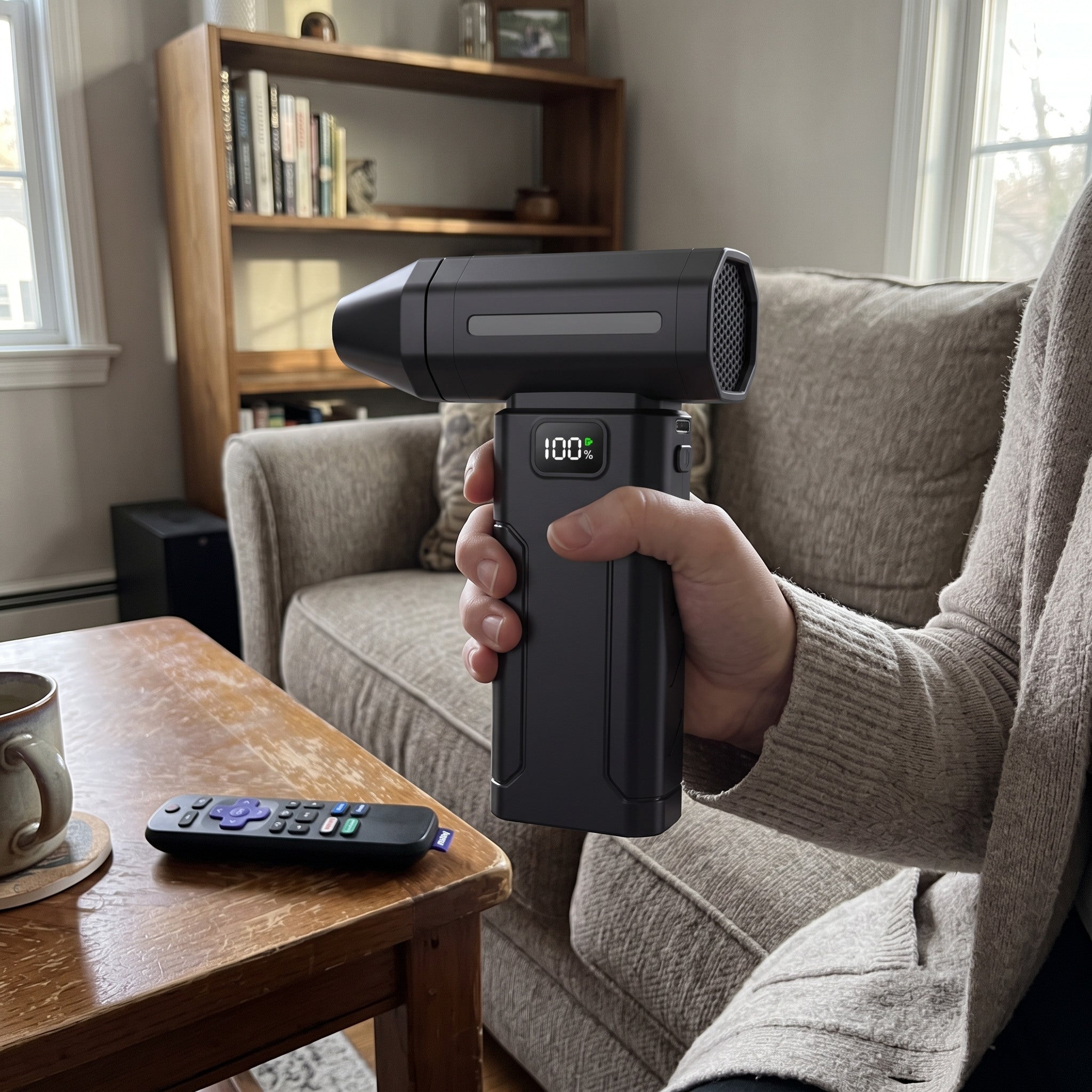 Black ClearJet handheld blower in an everyday dust-cleaning setting 10