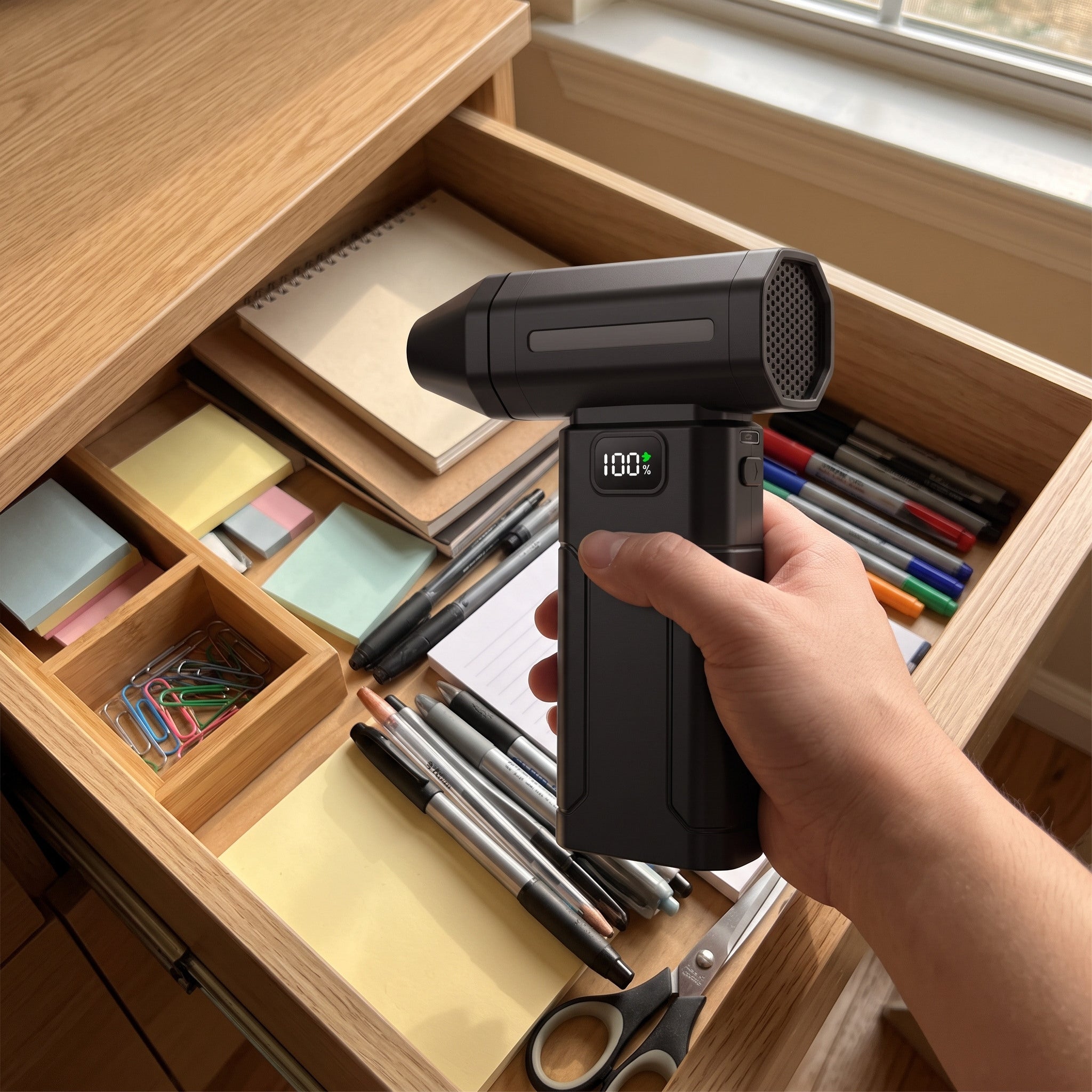 Black ClearJet handheld blower in an everyday dust-cleaning setting 13