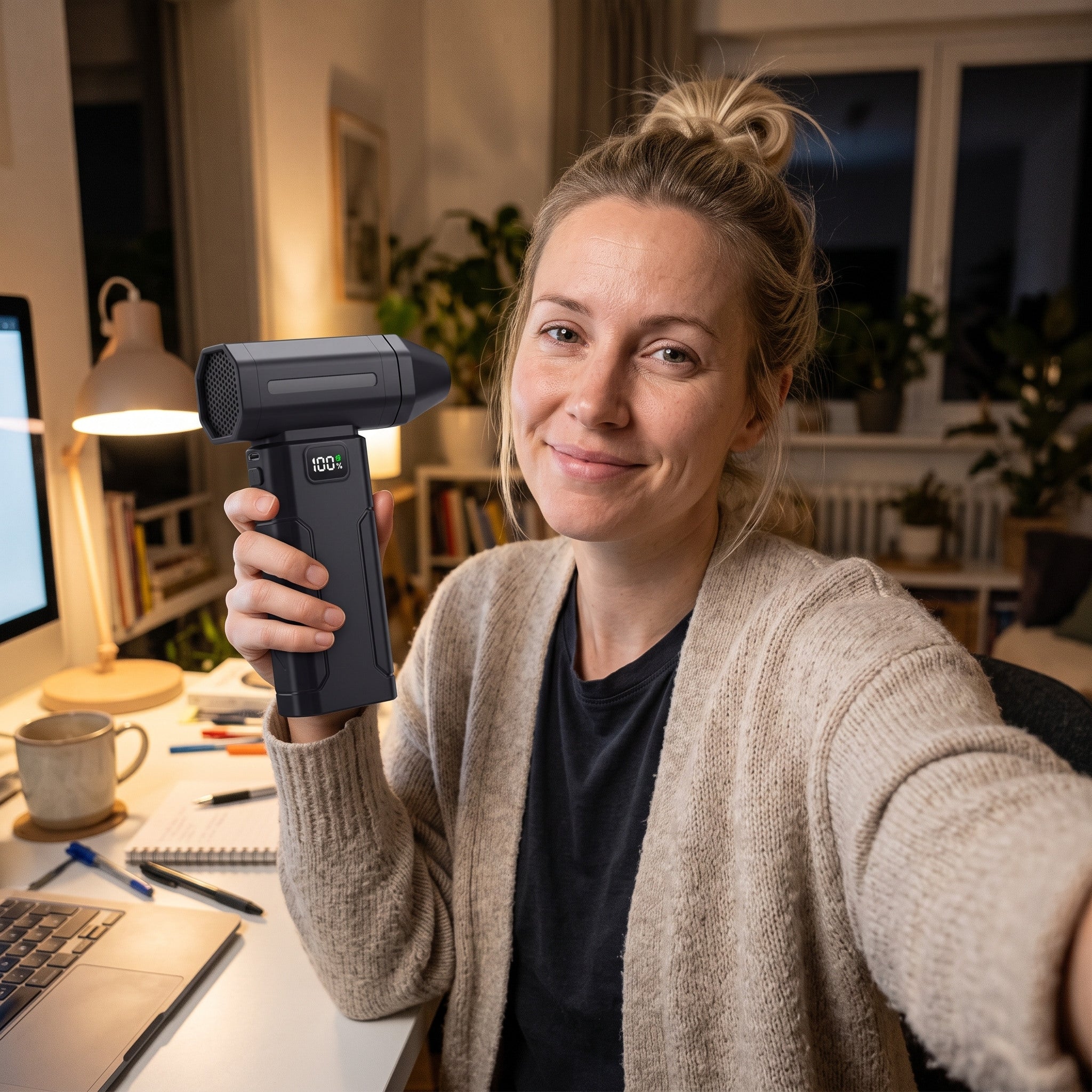 Sophie T. with a black ClearJet blower in an everyday setting
